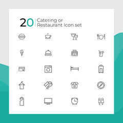 Catering icon set, Fork, spoon, knife, plate, chef hat, and cloche or tray icon, Restaurant sign and symbol. Vector illustration.