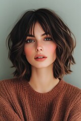Portrait of a young woman with wavy hair and natural makeup in a cozy brown sweater against a soft gray backdrop