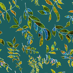 Digital drawing seamless pattern of colorful leaves simulating watercolor, dark green background	