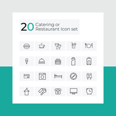 Catering icon set, Fork, spoon, knife, plate, chef hat, and cloche or tray icon, Restaurant sign and symbol. Vector illustration.