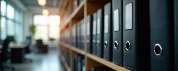 Organized black binders on a shelf representing order and efficiency in in office with copy space
