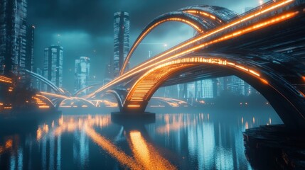 Futuristic cityscape with glowing bridges reflecting in still water