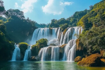 Fototapeta premium The breathtaking view of the Diu Waterfall in Guizhou Province, China, showcases its majestic waterfalls cascading over lush greenery and crystal-clear waters under a clear blue sky. 