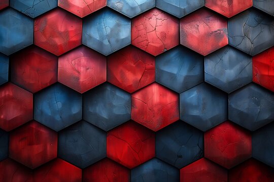 Geometric background of hexagons red and blue gradient transitions offering a sleek and professional presentation look