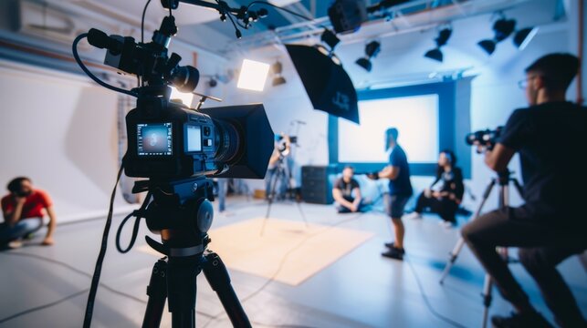 Staff creating video content in bright studio with professional equipment