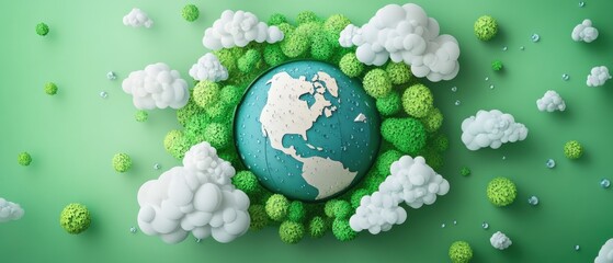 Conceptual Earth Day illustration with globe, green foliage, and clouds on green background Concept of environmental awareness, sustainability, and nature
