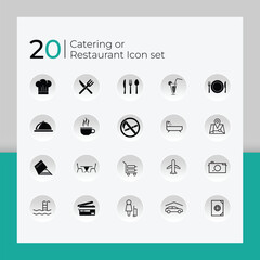 Catering icon set, Fork, spoon, knife, plate, chef hat, and cloche or tray icon, Restaurant sign and symbol. Vector illustration.