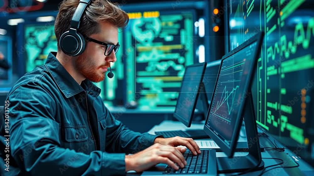 Poster focused coder working on multiple screens in a futuristic data center with advanced technology setti