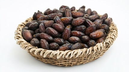 Woven bowl overflowing with dark brown dried dates, against a plain white backdrop