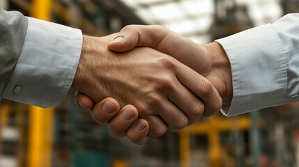 Hands engaging in a handshake against a soft-focus engineering firm backdrop, illustrating technical partnerships.