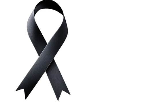 Black ribbon on a black background, top view with copy space for text and a message of awareness about cancer or social issues. 