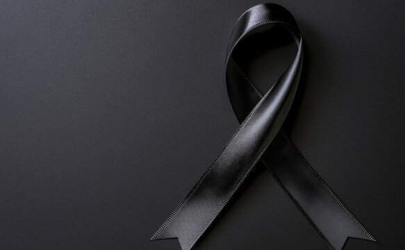 Black ribbon on a black background, top view with copy space for text and a message of awareness about cancer or social issues. 