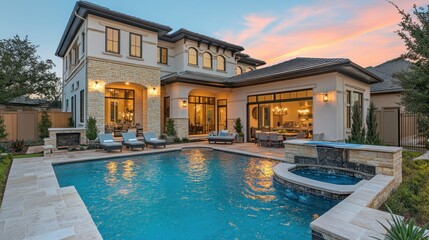 Luxurious backyard oasis with pool and spa