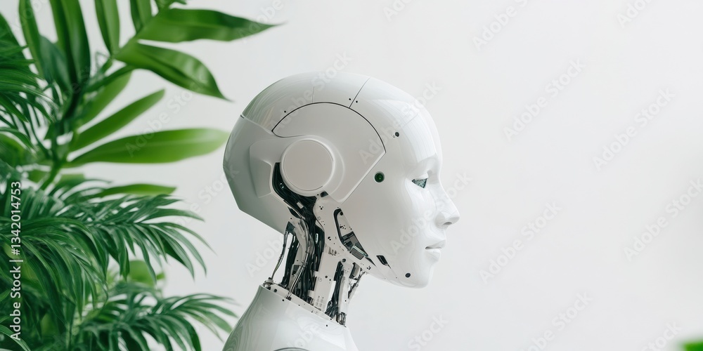 Aufkleber minimalist ai future sleek humanoid robot profile with biophilic plant aesthetic - innovative tech m