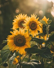Obraz premium Sunflowers basking in sunlight amidst lush green leaves