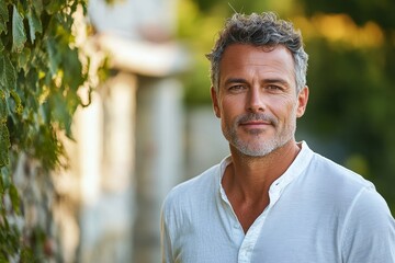 portrait of 45 years old handsome smiling European man in white shirt outdoor