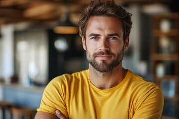 Fototapeta premium portrait of 40 years old caucasian man in yellow T-shirt at home