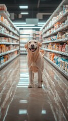 A dog is standing in a store aisle