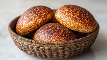 Toasted buns in wicker basket on marble