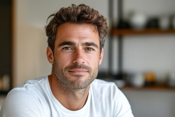 Fototapeta premium closeup portrait of 40 years old handsome smiling European man in white T-shirt at home