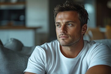 Obraz premium portrait of 40 years old man in white T-shirt at home looks away