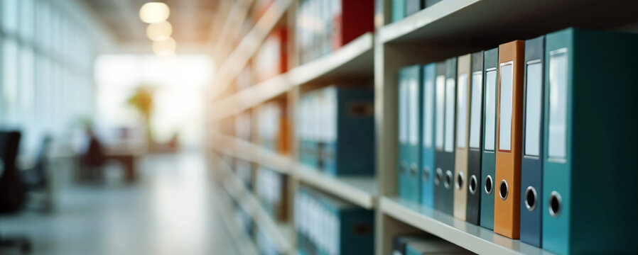 Colorful binders organized on a shelf representing order and efficiency in an office setting with copy space