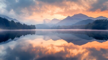 Fototapeta premium A reflection of mountains in a still lake at sunrise
