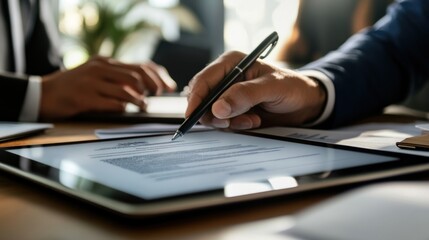Businesspeople Reviewing Documents on Tablet
