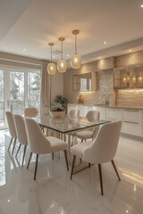 Fototapeta premium Salle à manger contemporaine avec table en verre et chaises élégantes, accents dorés et mur texturé, intérieur moderne et lumineux, mobilier élégant et design, ambiance sophistiquée et tendance