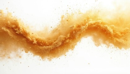 Obraz premium Abstract image of flying sand with wave-like motion. Golden dust burst, wind explosion, splatter spray, isolated on white background. Perfect texture, color play, dynamic movement for creative