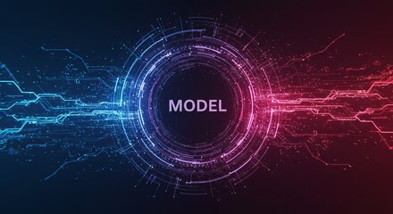 Obraz premium Model Futuristic Illustration: A dynamic, high-tech abstract design showcasing an interconnected network of data streams, with the word 