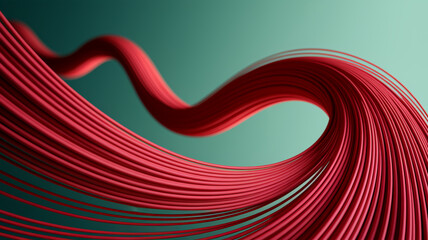 Abstract image of crimson red strands forming a dynamic, swirling curve against a teal background.  Illustrates movement, flow, and modern design aesthetics.  Free space for text.