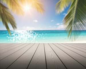 Light gray wooden deck overlooking blurred ocean beach scene with palm trees, suggesting summer vacation, relaxation, or tropical travel