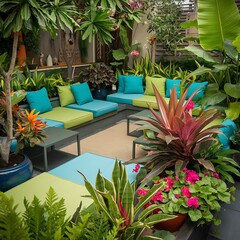 Obraz premium A vibrant outdoor patio scene features a modular seating arrangement with teal and lime green cushions surrounded by a profusion of tropical plants, including ferns, bromeliads, and flowering geranium