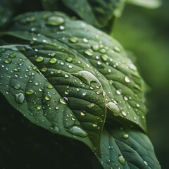 Obraz premium Close-up photo of wet leaves with water droplets and light reflections
