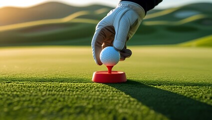 Obraz premium Golfer’s Hand Placing Ball on Tee at Sunrise