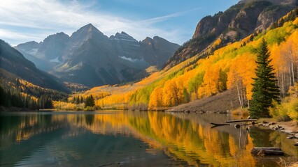 Fototapeta premium Serene Mountain Lake with Autumn Foliage Reflection Stunning Tranquil Landscape