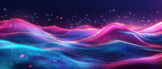 Obraz premium Abstract flowing neon waves background with sparkling particles, vibrant pink and blue gradient, concept of futuristic technology, digital art, and modern design