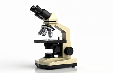 Lab microscope isolated on white backdrop for scientific research, educational studies. Features precision engineering, micro components, optical lenses, metal frame. Used in biology, chemistry,