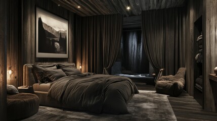 Cozy Modern Bedroom with Dark Tones and Warm Lighting