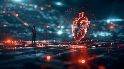 A person observes a glowing digital heart, representing futuristic healthcare, technology, and innovation.  Image depicts a connection between humanity and advanced medical technology.