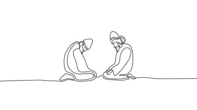 Sufi teacher and student in spiritual connection. Represents Islamic mysticism, wisdom, and tradition. Continuous line art drawing animation black and white.