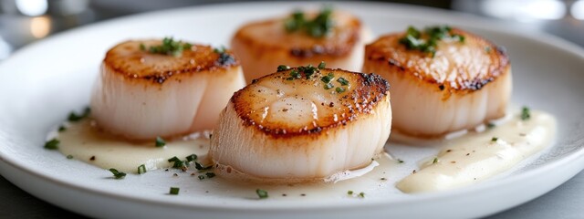 Exquisite dish: coquille Saint-Jacques featured in professional food advertising, emphasizing gourmet seafood, and fine dining artistry, representing a luxurious and tasteful culinary experience.