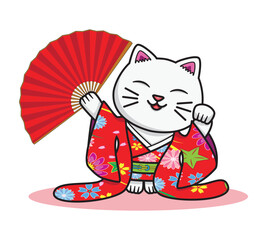 Japanese lucky cat called Maneki Neko dress in red Kimono with flower pattern holds folding fan mean good luck and rich drawing in colorful cartoon vector