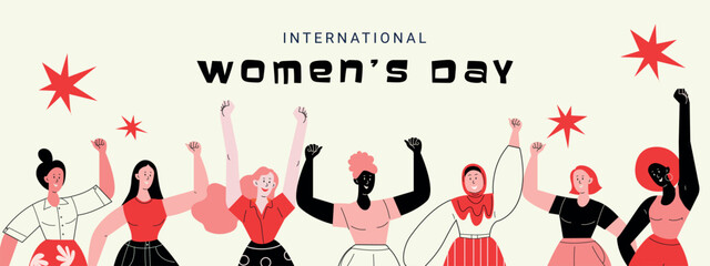 International Women's Day celebration illustration. Banner template featuring diverse, multicultural women raising their hands. Modern flat vector illustration on a light background.