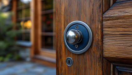 Fototapeta premium Elegant Door Knob on Rich Wooden Door, Exterior Home Design