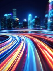 Vibrant cityscape at night with light trails from moving vehicles and skyscraper in background