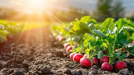 Sunlit radishes growing in a garden. Vibrant red radishes with lush green leaves.  Perfect for healthy eating and agricultural themes.