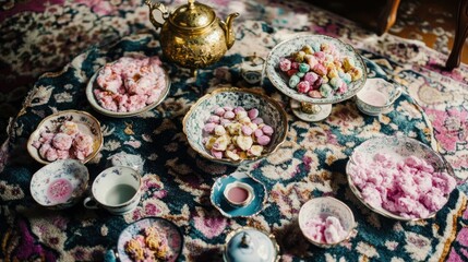 Colorful sweets and tea on a patterned rug