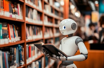 Fototapeta premium a humanoid robot reading in the library, symbolizing artificial intelligence and technology for education. Web banner with copy space